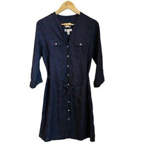 Malvin Hamburg Navy Blue 100% Linen Shirt Dress Roll Tab Sleeve Womens Medium
